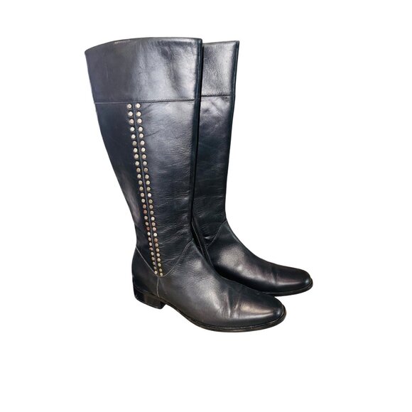 Alfani Women 9.5 Black Leather Knee-High Preppy Money Boot Studded Equestrian - Picture 2 of 10